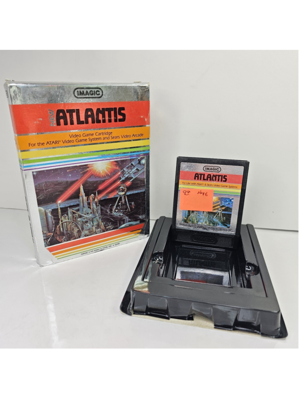1982 Imagic Atlantis Atari 2600 Sears Video Arcade Silver Shiny Game Box, Tray